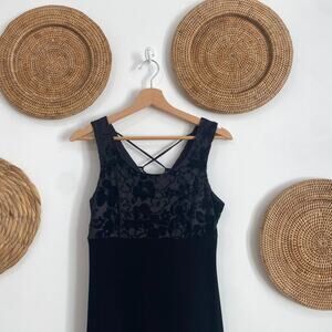 Vintage Y2K 90s My Michelle Black Velvet Floral Lace Up Back Maxi Dress Small